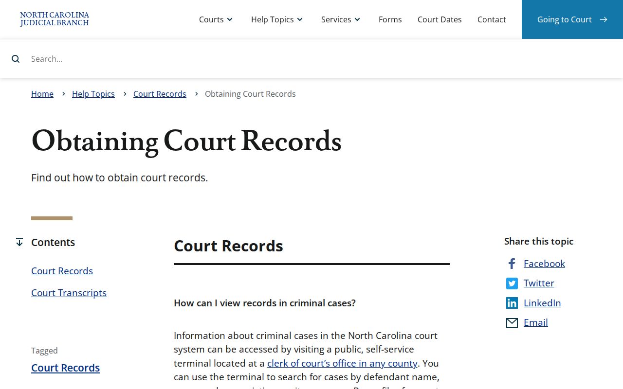 North Carolina Judicial Branch guidance for obtaining Dare County court records