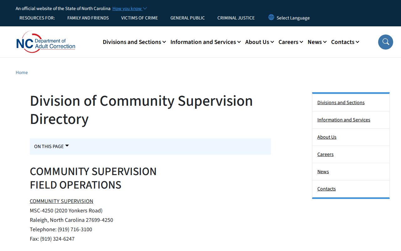 Dare County parole and probation Community Supervision District 1 directory