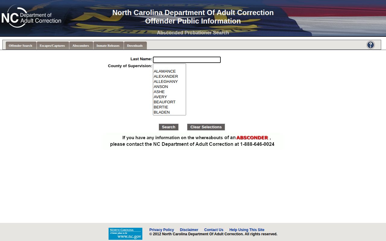 Dare County probation absconder search form from NCDAC