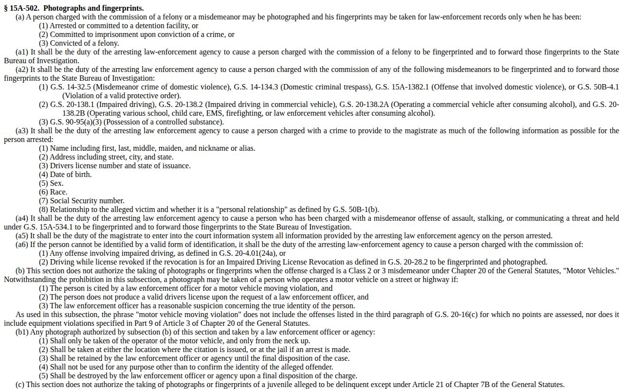 North Carolina statute authorizing qualifying arrest and commitment photographs